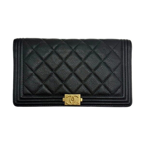 Chanel Le Boy Long Bi-Fold Wallet Black with Gold Hardware 24 Series Pebbled Calfskin