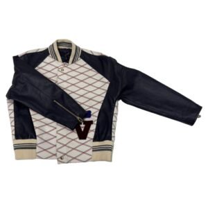 Louis Vuitton Women’s Red-White Checkered Leather-Sleeve V-Patch Bomber Jacket (2025 AW)